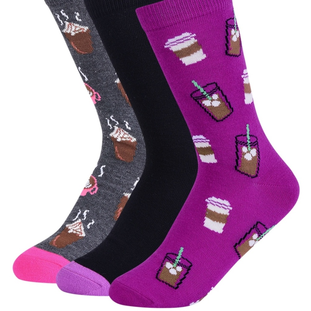 WOMEN'S ACRYLIC COFFEE NOVELTY CREW SOCKS 3 PACK